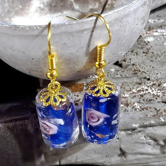 Cobalt Blue Murano Lampwork Glass Flower Inside Vintage Bead Round Tube Earrings - Picture 3 of 10